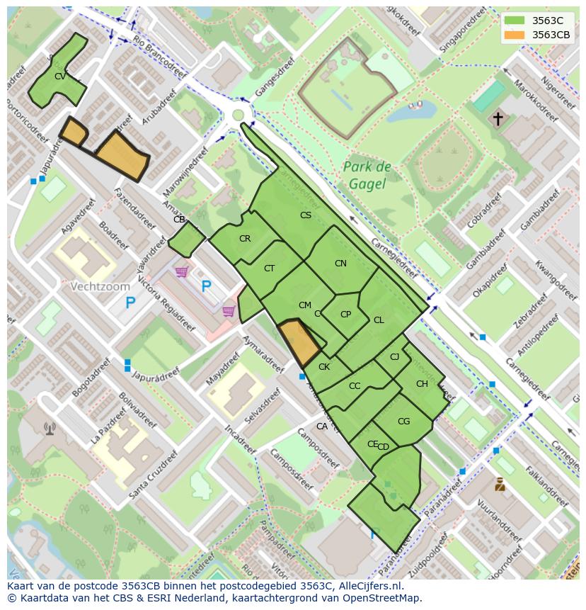Afbeelding van het postcodegebied 3563 CB op de kaart.