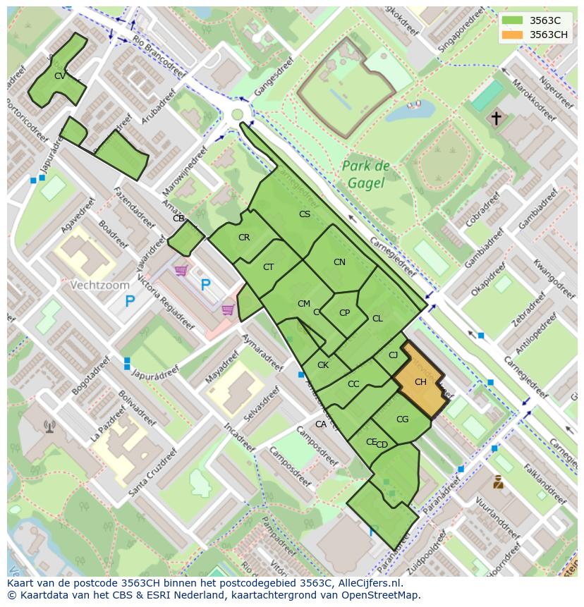 Afbeelding van het postcodegebied 3563 CH op de kaart.
