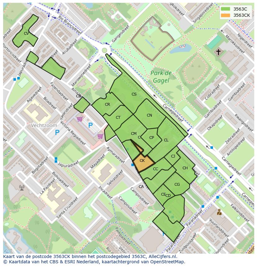 Afbeelding van het postcodegebied 3563 CK op de kaart.
