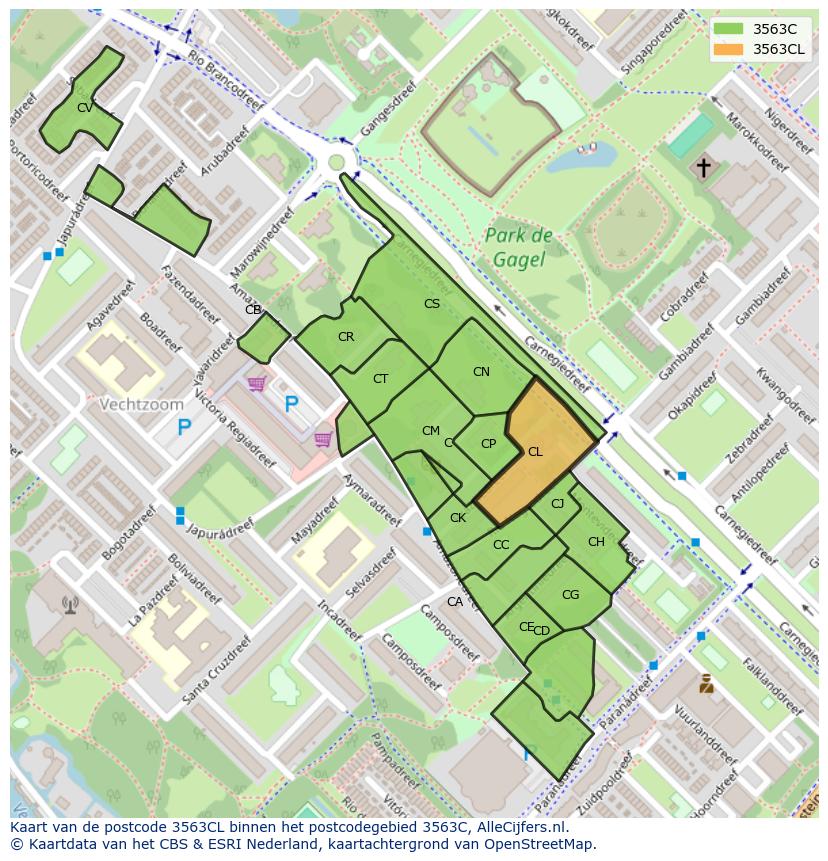 Afbeelding van het postcodegebied 3563 CL op de kaart.