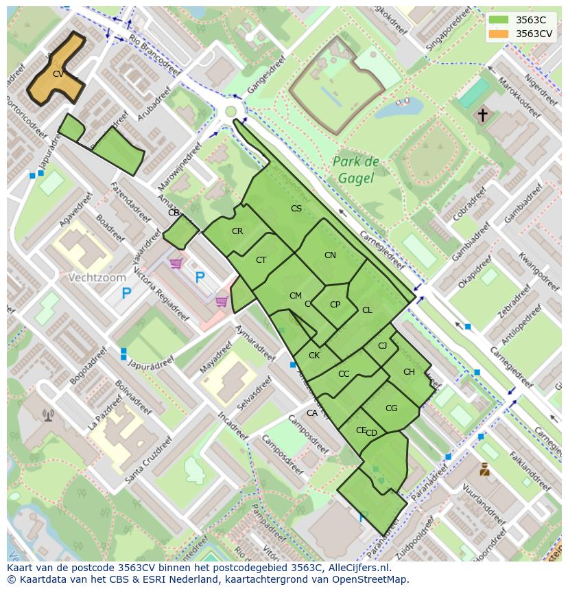 Afbeelding van het postcodegebied 3563 CV op de kaart.
