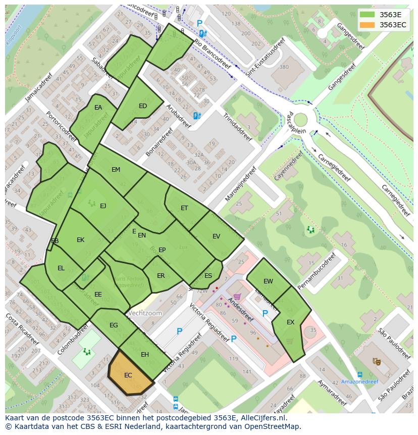 Afbeelding van het postcodegebied 3563 EC op de kaart.