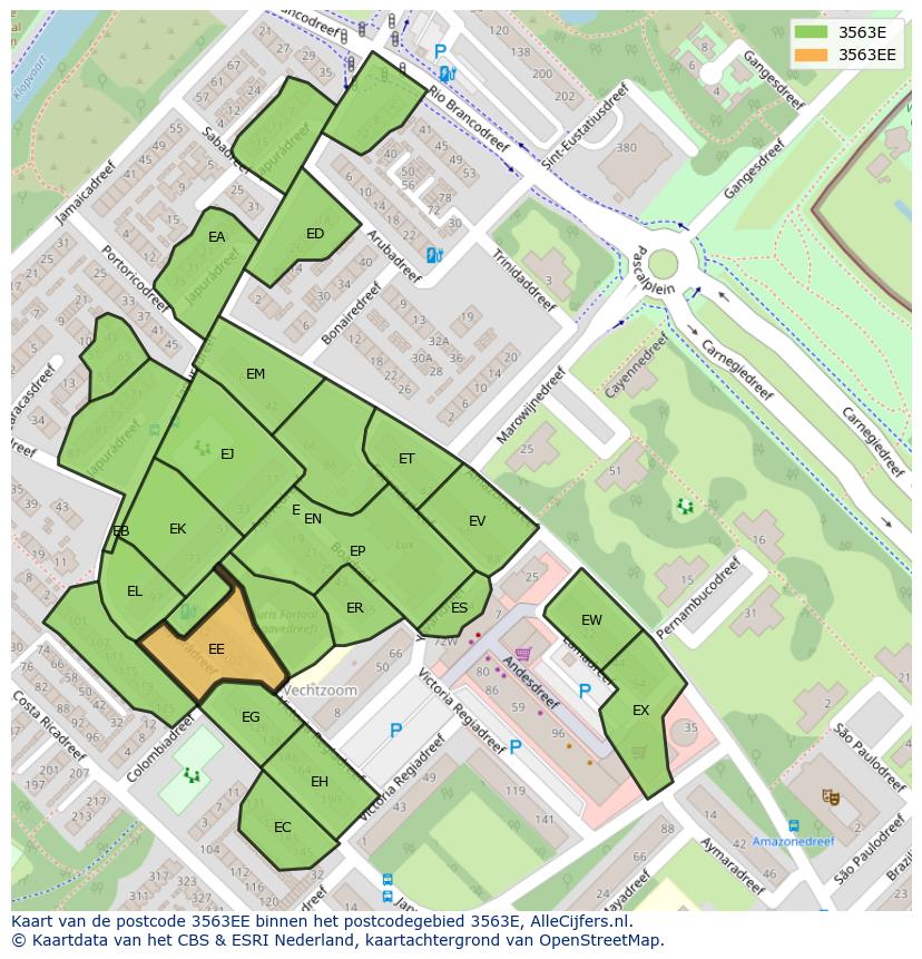 Afbeelding van het postcodegebied 3563 EE op de kaart.