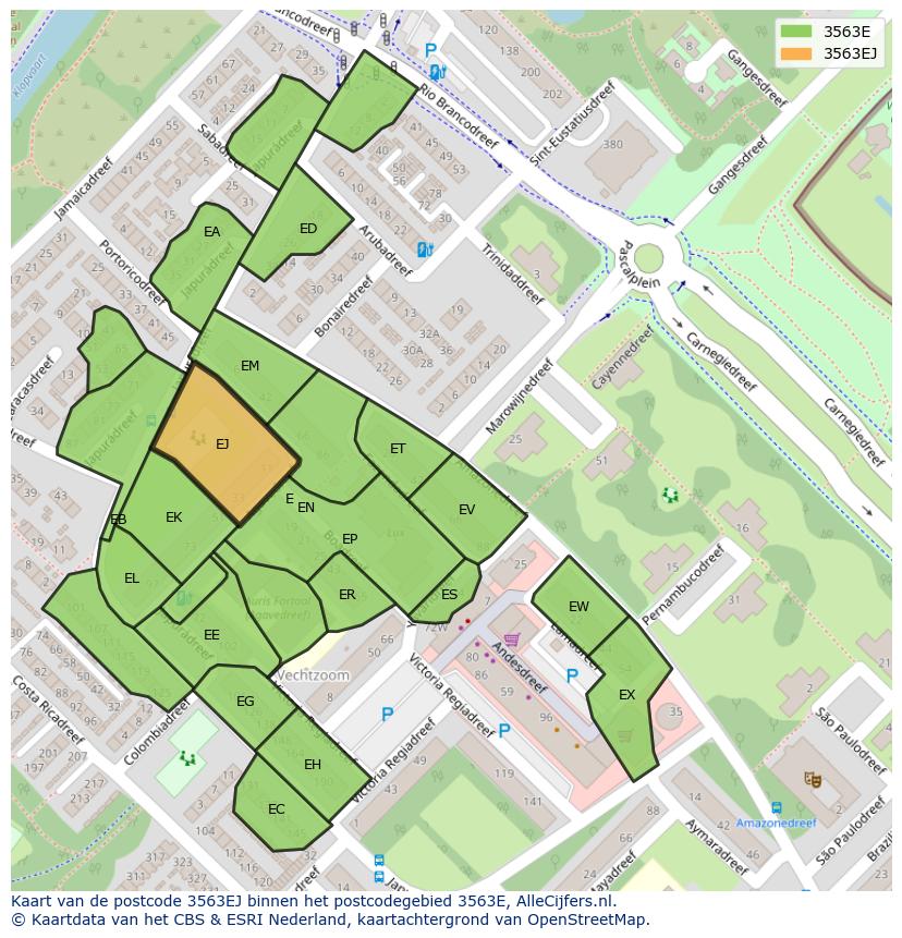 Afbeelding van het postcodegebied 3563 EJ op de kaart.