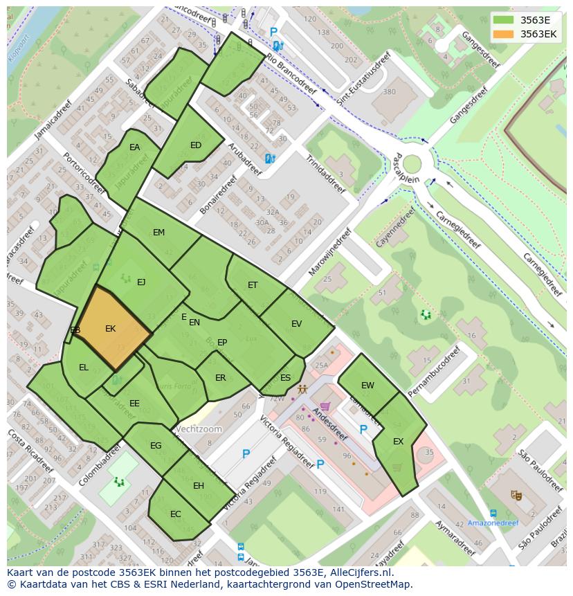 Afbeelding van het postcodegebied 3563 EK op de kaart.