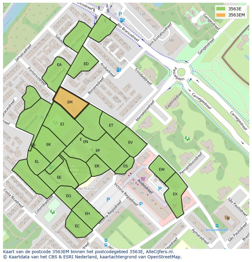Afbeelding van het postcodegebied 3563 EM op de kaart.