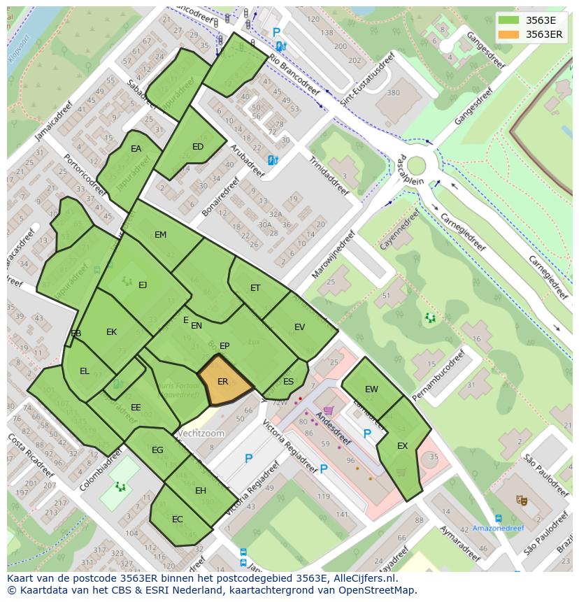 Afbeelding van het postcodegebied 3563 ER op de kaart.