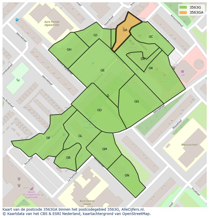 Afbeelding van het postcodegebied 3563 GA op de kaart.