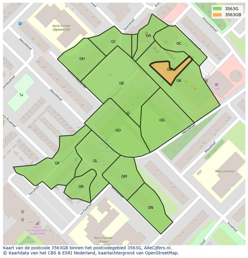 Afbeelding van het postcodegebied 3563 GB op de kaart.