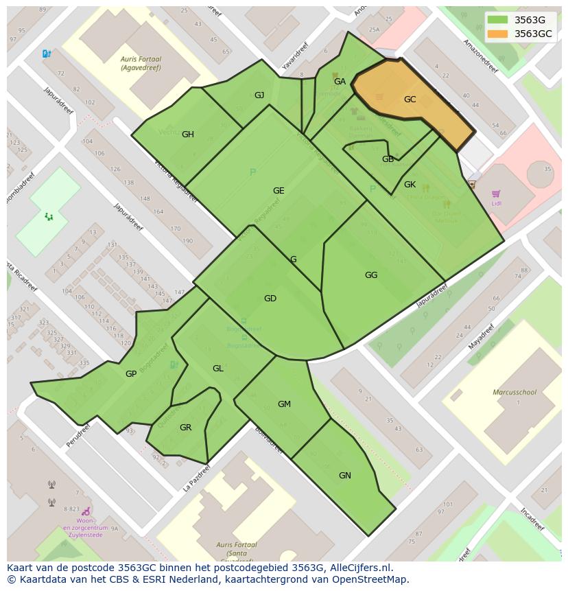 Afbeelding van het postcodegebied 3563 GC op de kaart.