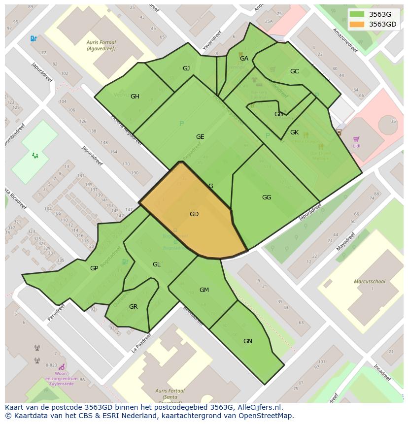 Afbeelding van het postcodegebied 3563 GD op de kaart.
