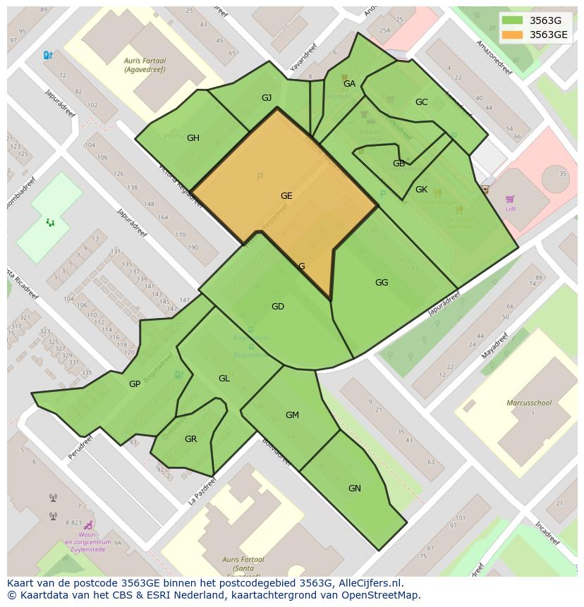 Afbeelding van het postcodegebied 3563 GE op de kaart.