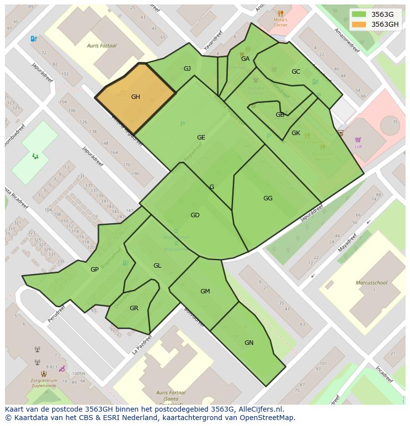 Afbeelding van het postcodegebied 3563 GH op de kaart.