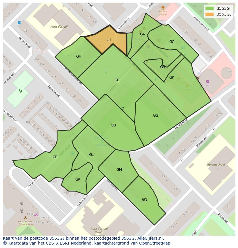 Afbeelding van het postcodegebied 3563 GJ op de kaart.