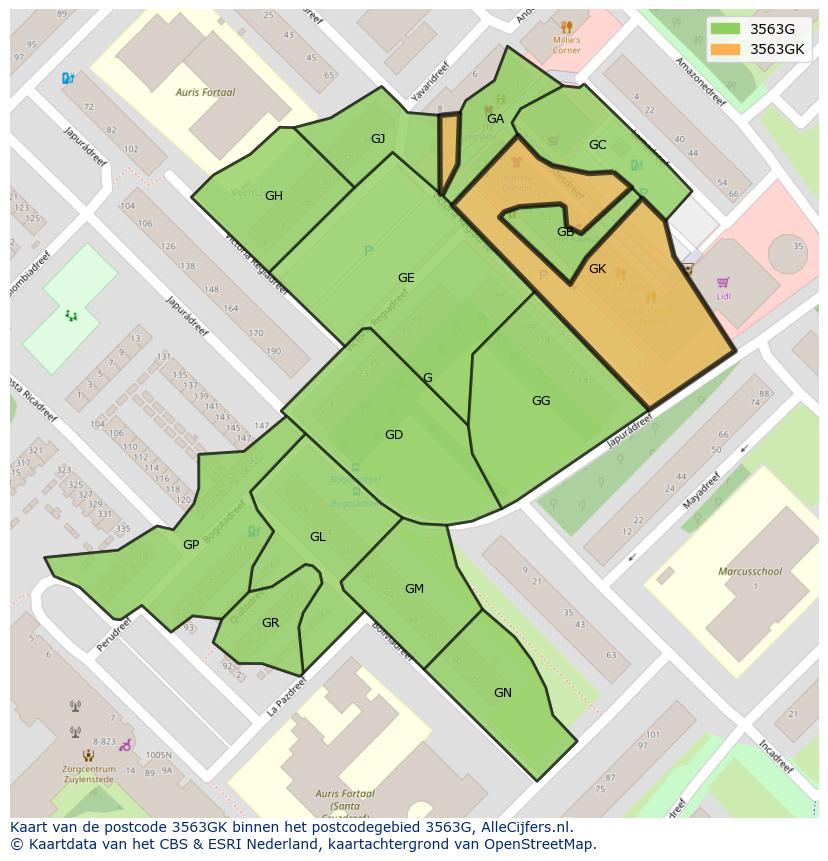 Afbeelding van het postcodegebied 3563 GK op de kaart.