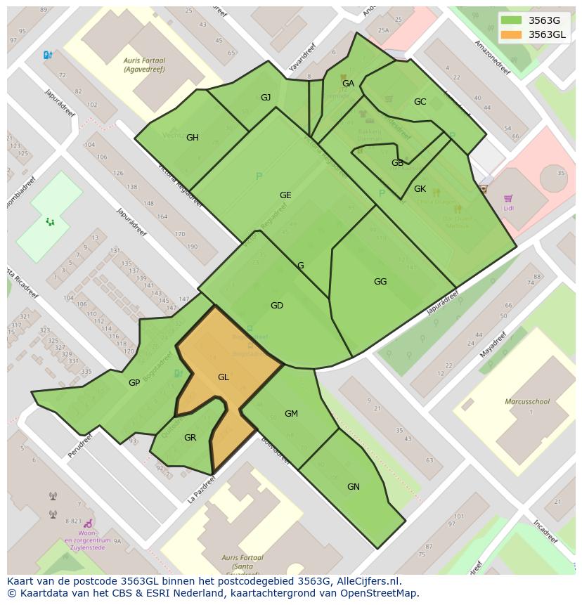 Afbeelding van het postcodegebied 3563 GL op de kaart.