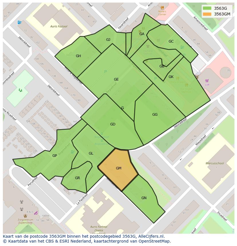 Afbeelding van het postcodegebied 3563 GM op de kaart.