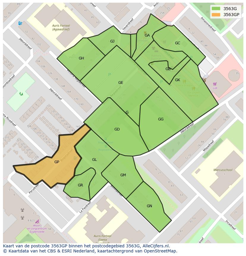 Afbeelding van het postcodegebied 3563 GP op de kaart.