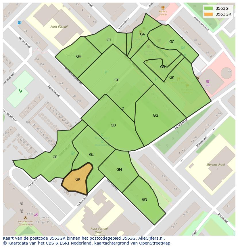 Afbeelding van het postcodegebied 3563 GR op de kaart.