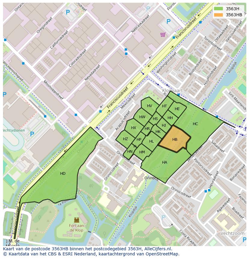 Afbeelding van het postcodegebied 3563 HB op de kaart.