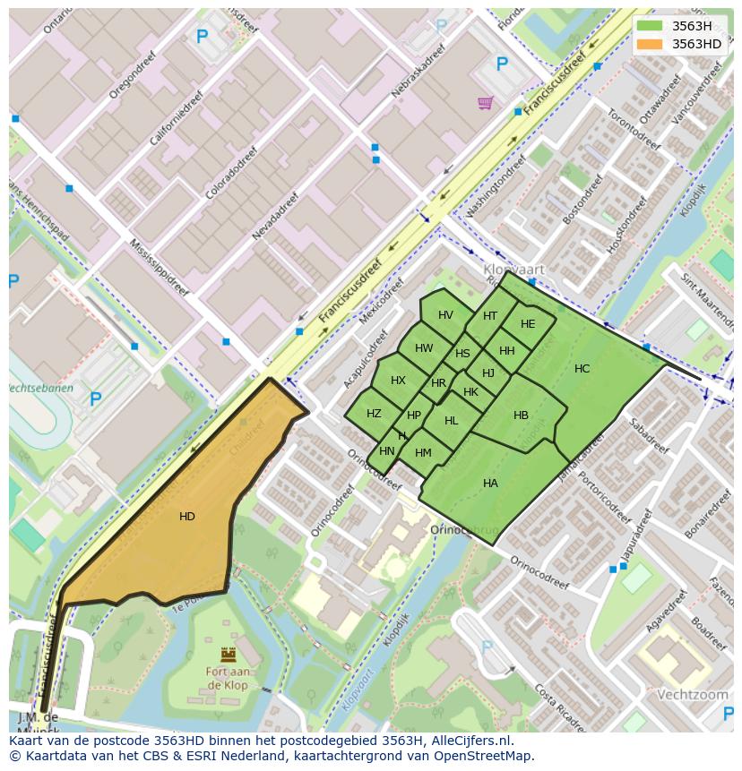Afbeelding van het postcodegebied 3563 HD op de kaart.