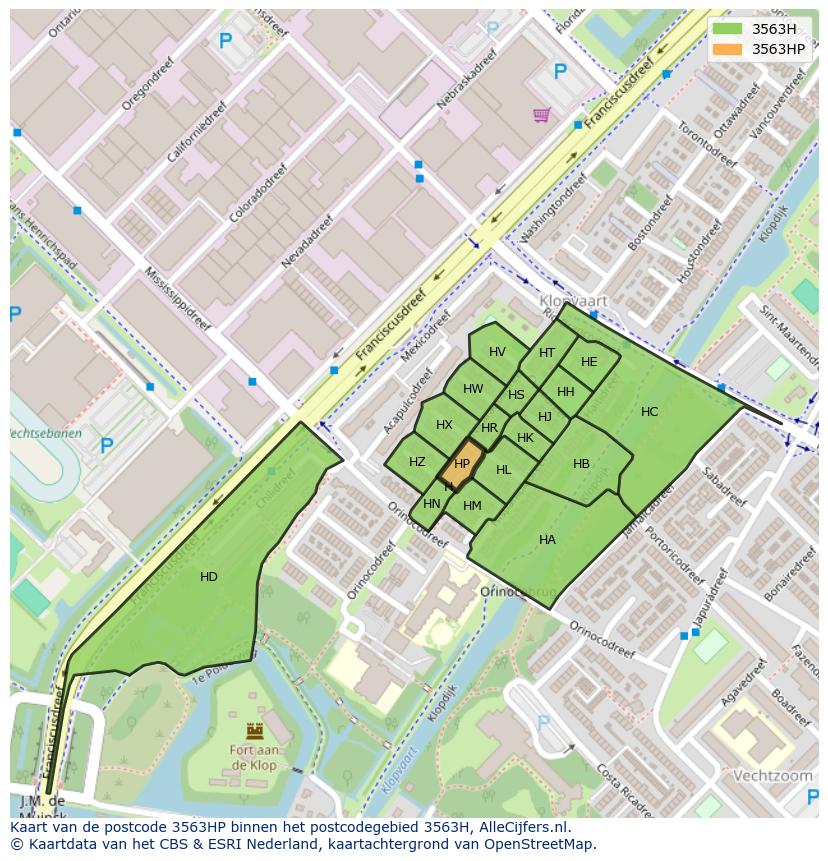 Afbeelding van het postcodegebied 3563 HP op de kaart.