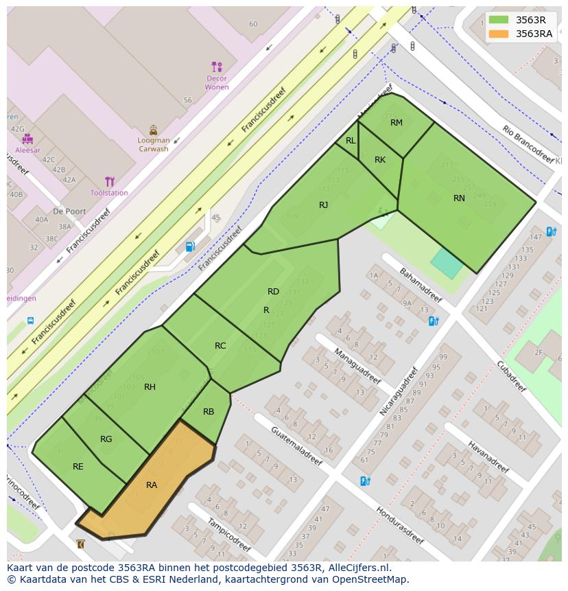 Afbeelding van het postcodegebied 3563 RA op de kaart.