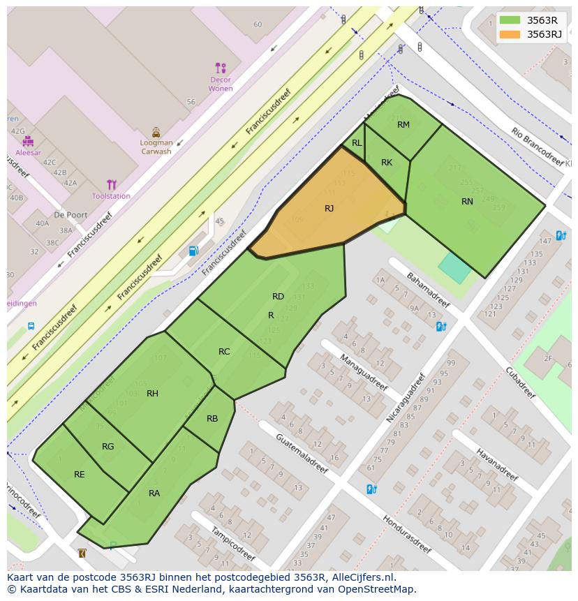 Afbeelding van het postcodegebied 3563 RJ op de kaart.