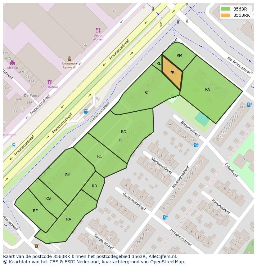 Afbeelding van het postcodegebied 3563 RK op de kaart.