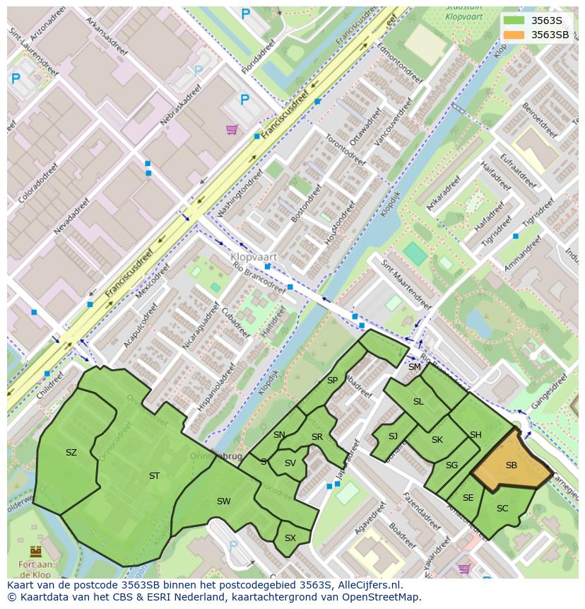 Afbeelding van het postcodegebied 3563 SB op de kaart.