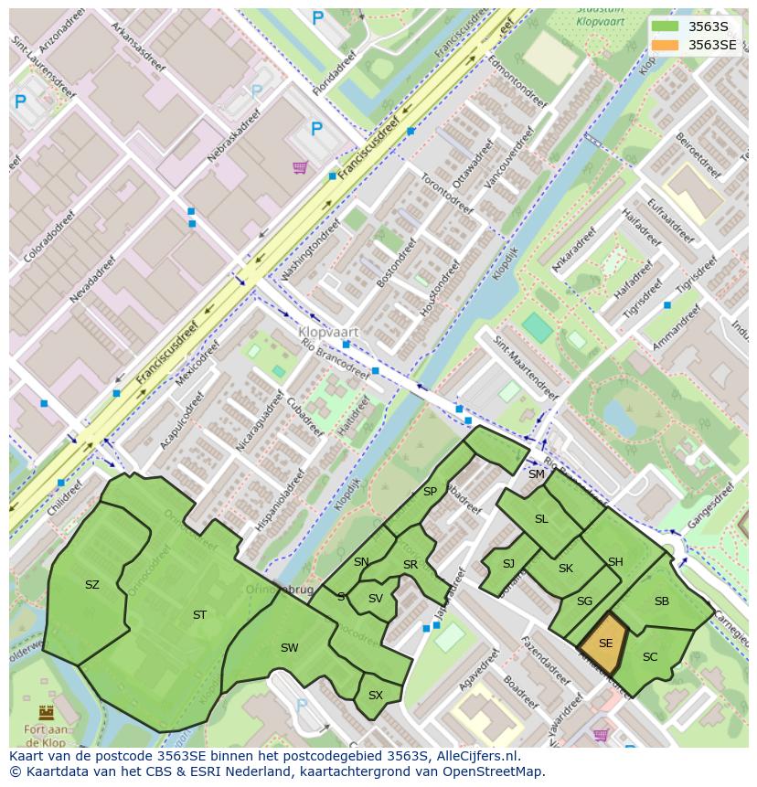 Afbeelding van het postcodegebied 3563 SE op de kaart.