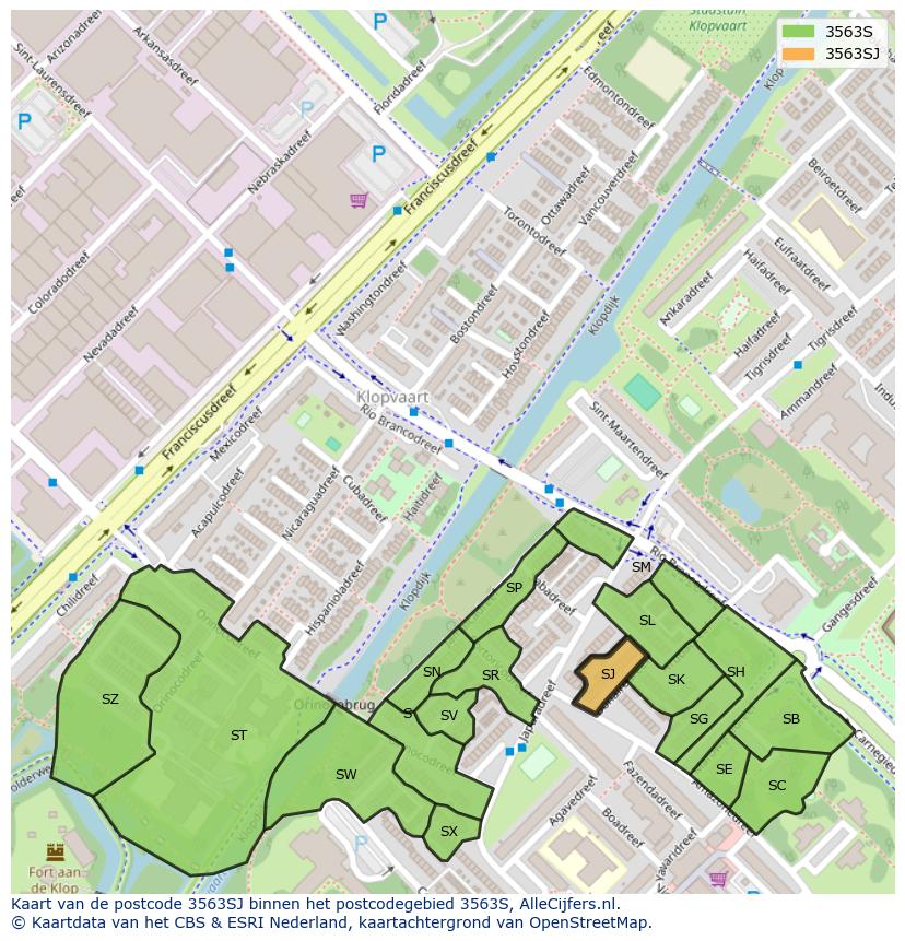 Afbeelding van het postcodegebied 3563 SJ op de kaart.