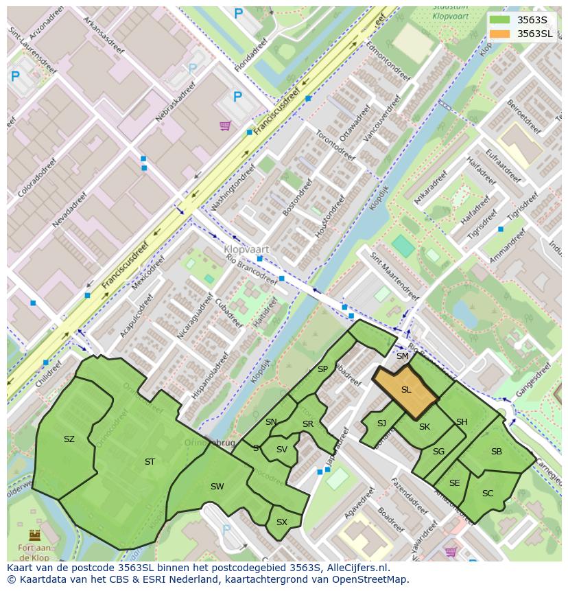 Afbeelding van het postcodegebied 3563 SL op de kaart.