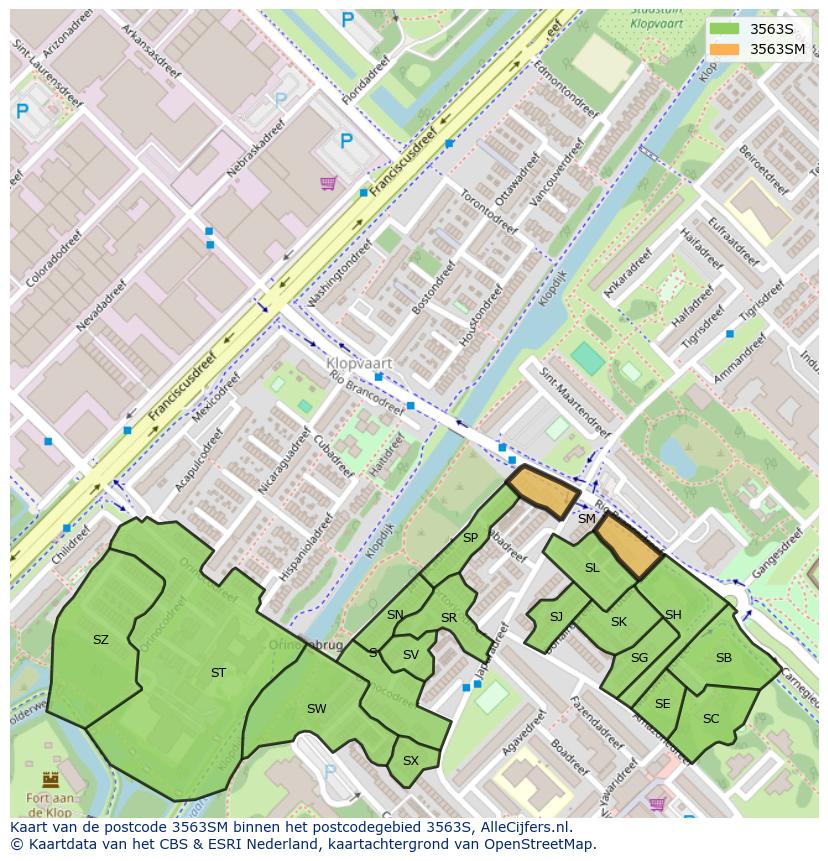 Afbeelding van het postcodegebied 3563 SM op de kaart.