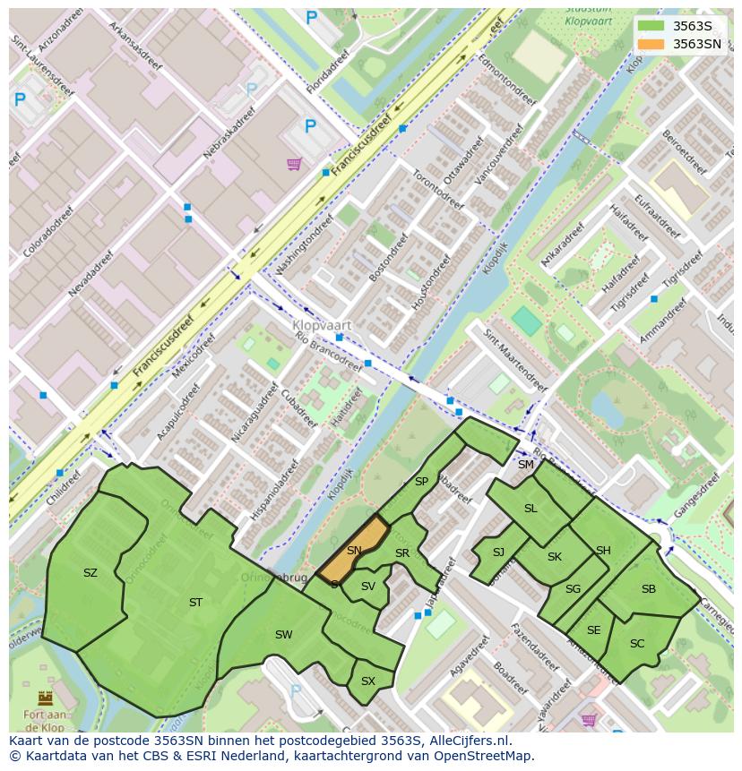 Afbeelding van het postcodegebied 3563 SN op de kaart.