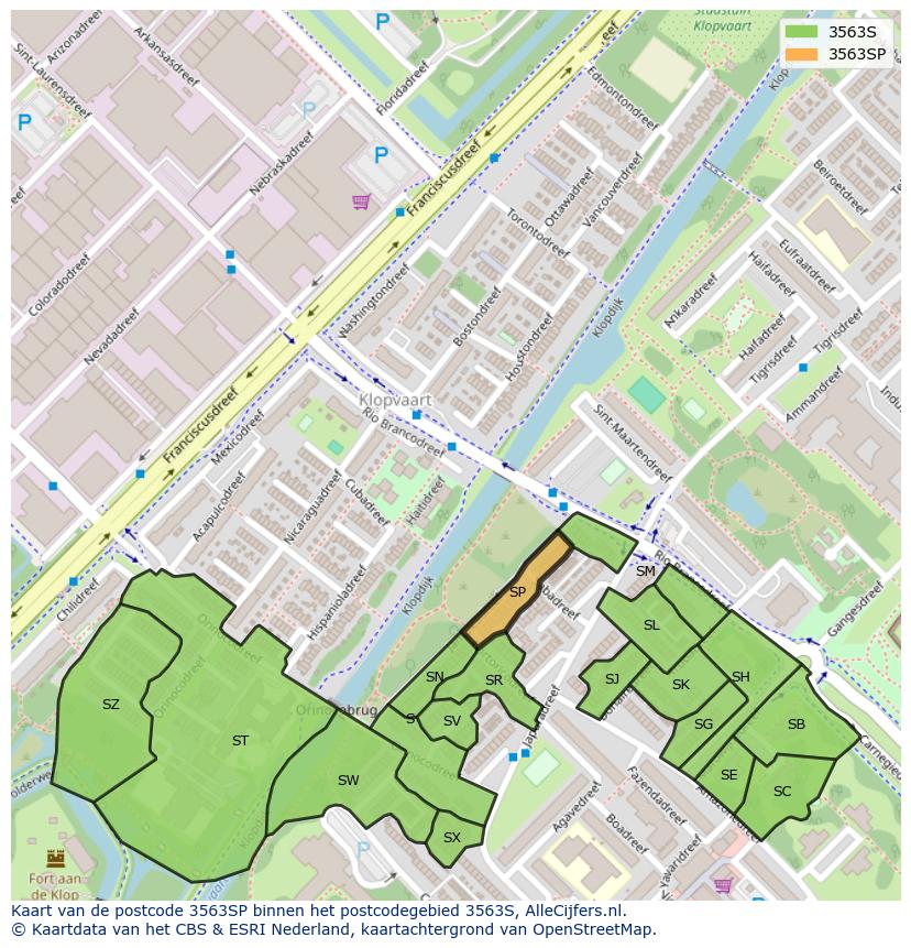 Afbeelding van het postcodegebied 3563 SP op de kaart.