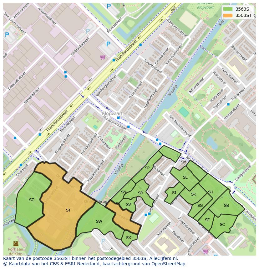 Afbeelding van het postcodegebied 3563 ST op de kaart.