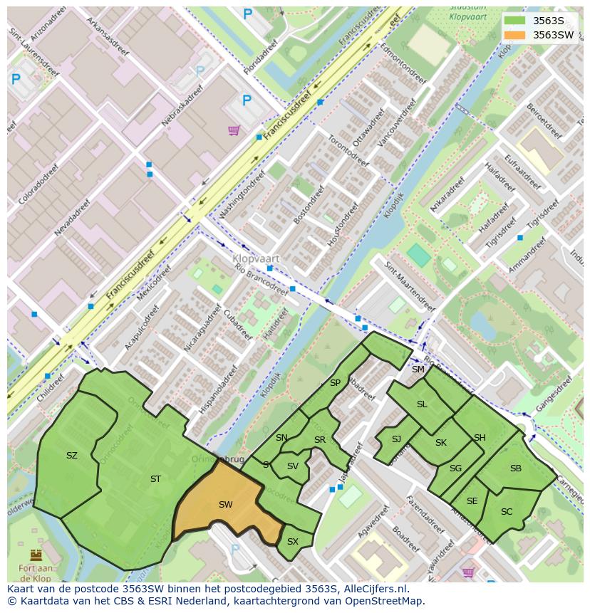 Afbeelding van het postcodegebied 3563 SW op de kaart.