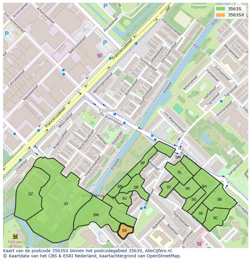 Afbeelding van het postcodegebied 3563 SX op de kaart.
