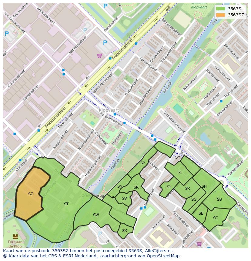 Afbeelding van het postcodegebied 3563 SZ op de kaart.