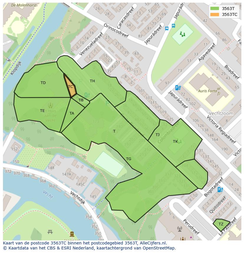 Afbeelding van het postcodegebied 3563 TC op de kaart.