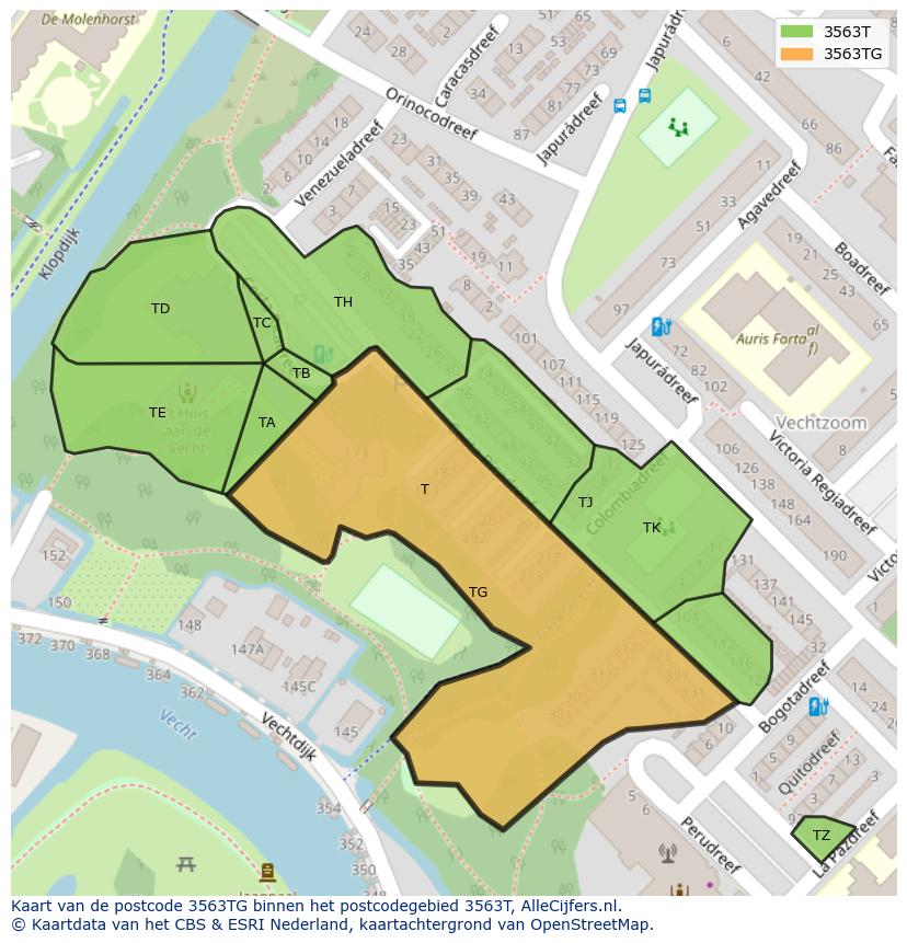 Afbeelding van het postcodegebied 3563 TG op de kaart.
