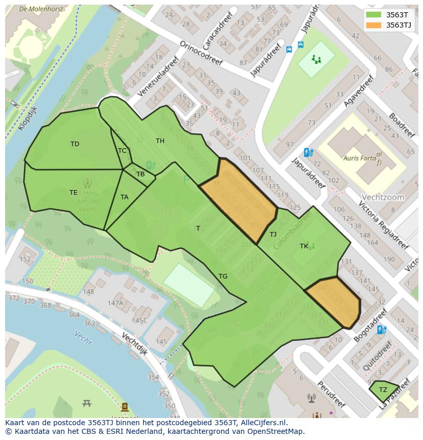 Afbeelding van het postcodegebied 3563 TJ op de kaart.