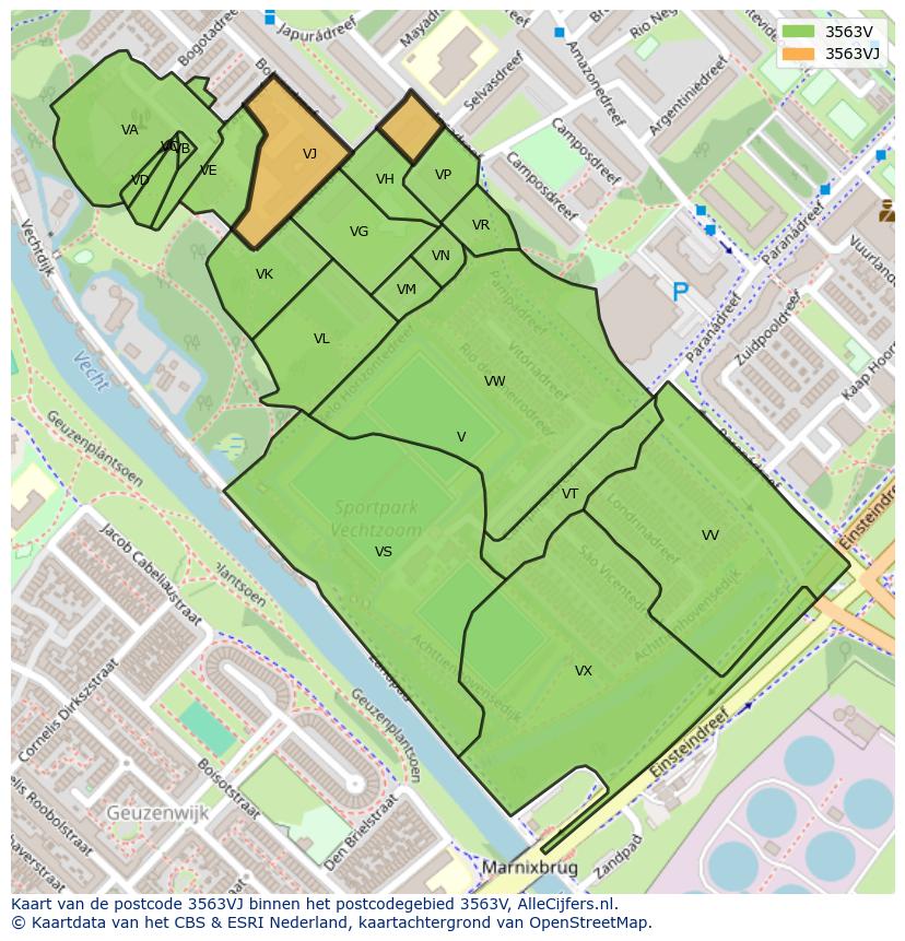 Afbeelding van het postcodegebied 3563 VJ op de kaart.