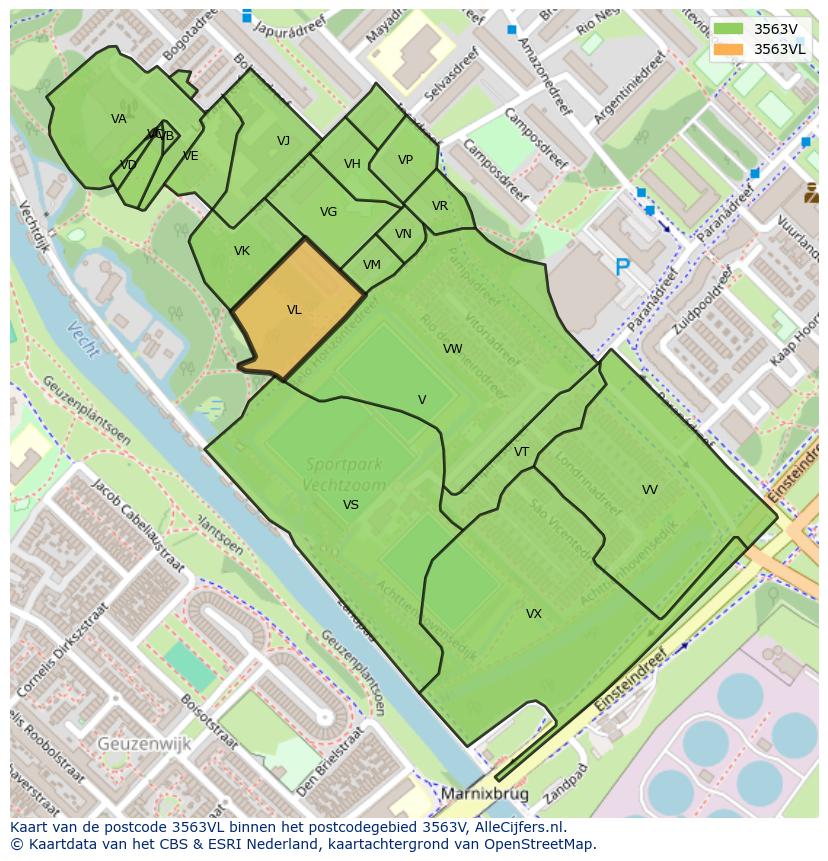 Afbeelding van het postcodegebied 3563 VL op de kaart.
