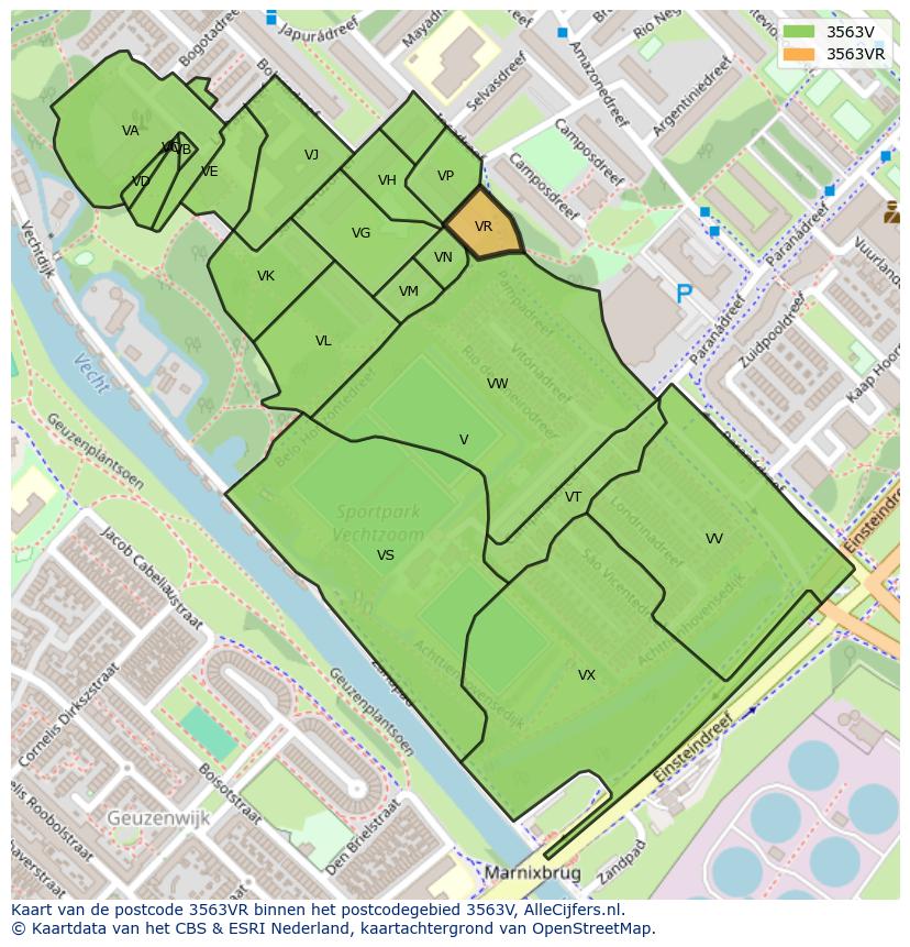 Afbeelding van het postcodegebied 3563 VR op de kaart.