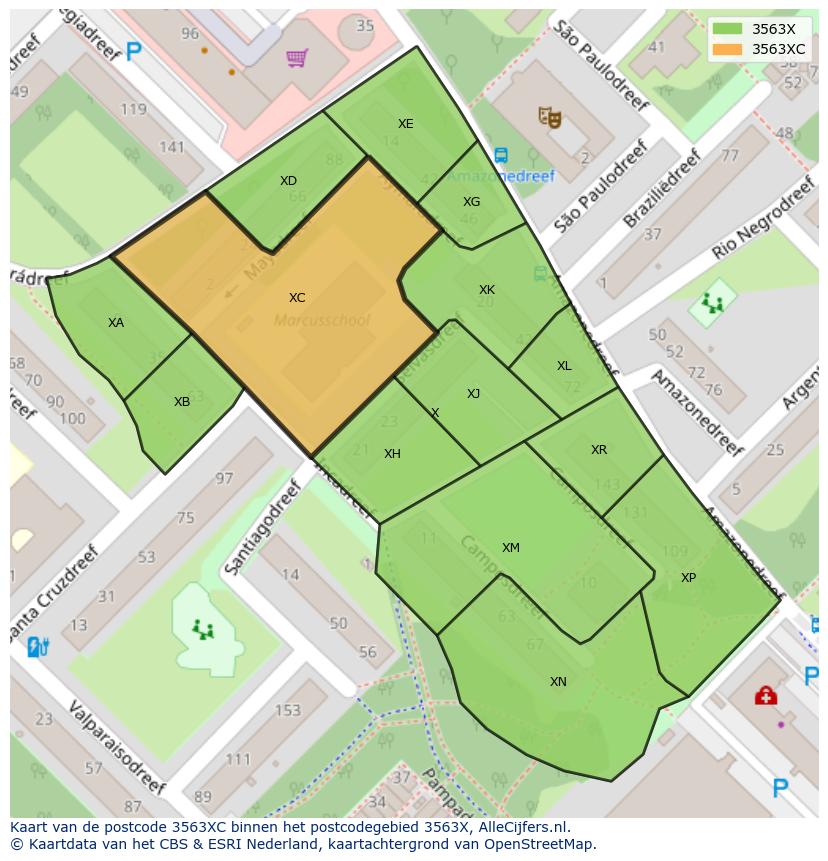 Afbeelding van het postcodegebied 3563 XC op de kaart.