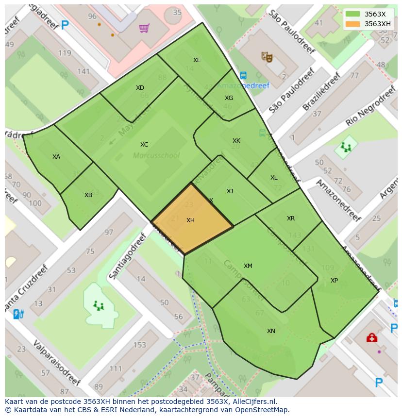 Afbeelding van het postcodegebied 3563 XH op de kaart.