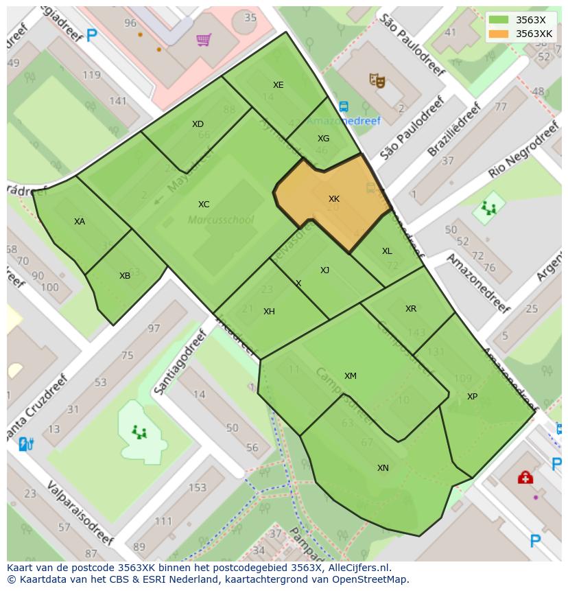 Afbeelding van het postcodegebied 3563 XK op de kaart.