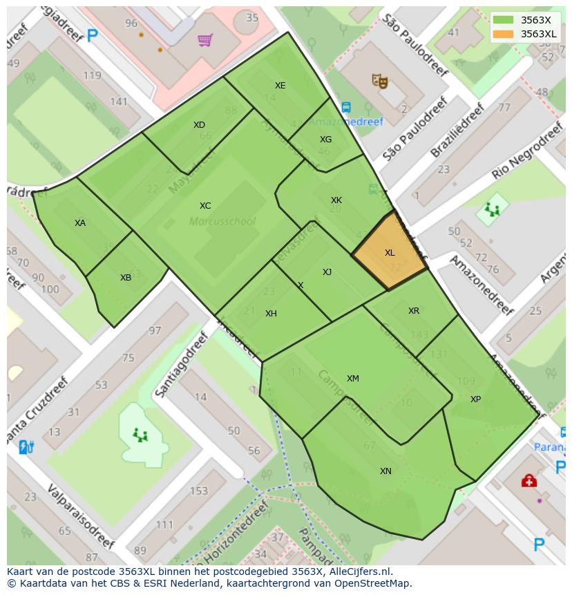 Afbeelding van het postcodegebied 3563 XL op de kaart.